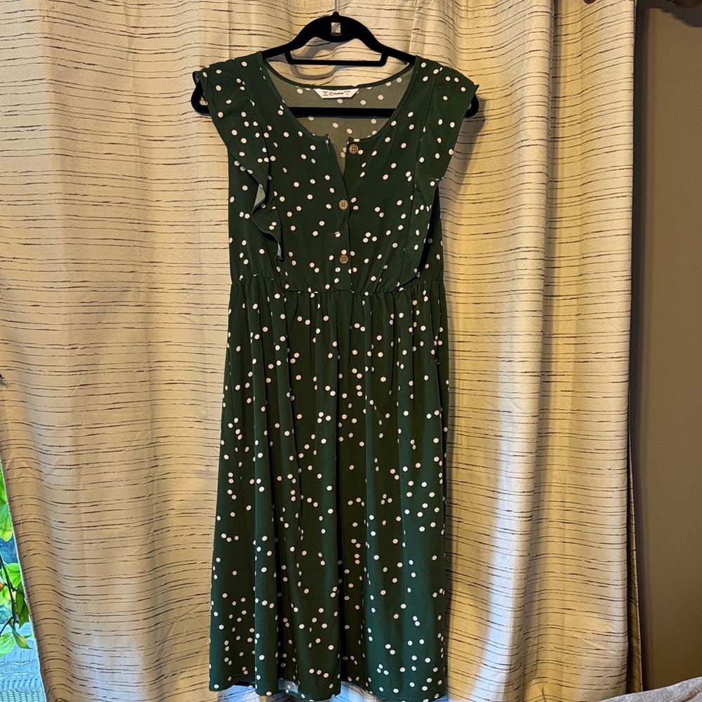 PatPat Green and White Polka Dot Midi Dress